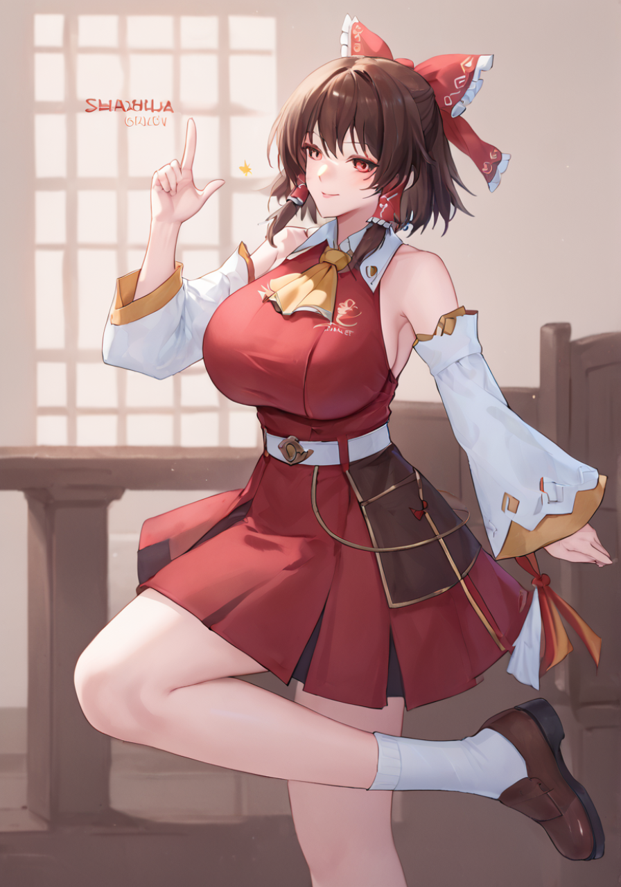 1girl, hakurei reimu, huge breast, animal hands, arm up, ascot, bare shoulders, belt, black eyes, blush, bow, brown footwear, brown hair, chibi, closed mouth, collar, collared shirt, copyright name, detached sleeves, gohei, hair ornament, hair tubes, hands up, leg up, long sleeves, looking to the side, pointing, red bow, red eyes, red shirt, red skirt, ribbon-trimmed sleeves, ribbon trim, shadow, shirt, shoes, short hair, skirt, smile, socks, solo, standing, standing on one leg, white belt, white sleeves, white socks, wide sleeves, yellow ascot, handfixer,zPDXL3<lora:Breast Slider - Pony_alpha1.0_rank4_noxattn_last:3> <lora:HandFixer_pdxl_Incrs_v1:1>    <lora:RH_OG:1>