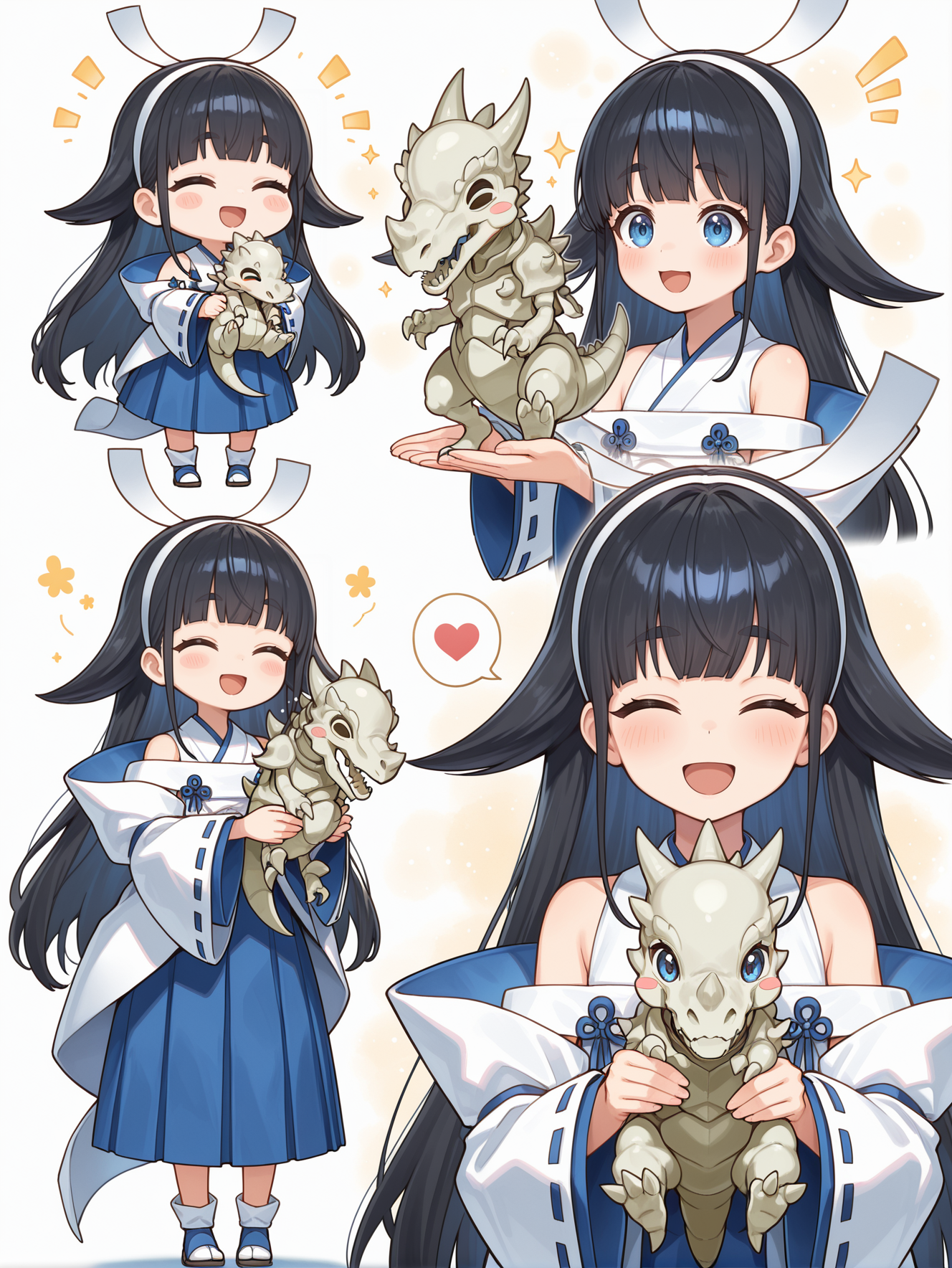 shinonome the vaylantz priestess,1girl,chibi,holding animal,heart,smile,blush stickers,spoken heart,spoken musical note,hand on another's head,brush,brushing hair,closed eyes,blush,open mouth,thick eyebrows,:d,multiple views,looking at viewer,white hairband,white ribbon-trimmed sleeves,white sleeveless kimono,blue hakama skirt,white tabi,blue sandals,white breast curtain,fossil dyna pachycephalo,1other,white background,simple background,dinosaur skeleton,
masterpiece,best quality,amazing quality,very aesthetic,absurdres,newest,scenery,extreme detail,8k,light particles,soft lighting,volumetric lighting,intricate details,finely detailed,detailed eyes,<lora:Shinonome the Vaylantz Priestess illusXL v1.1:0.75>,