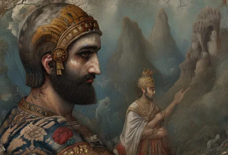 He changed his mind about all the settlements whose sanctuaries were in ruins and the population of the land of Sumer and Akkad who had become like corpses, and took pity on them.
He inspected and checked all the countries, seeking for the upright king of his choice.
style of Qajar art, FastNegativeV2, green eyes, blue eyes, brown eyes, perfecteyes