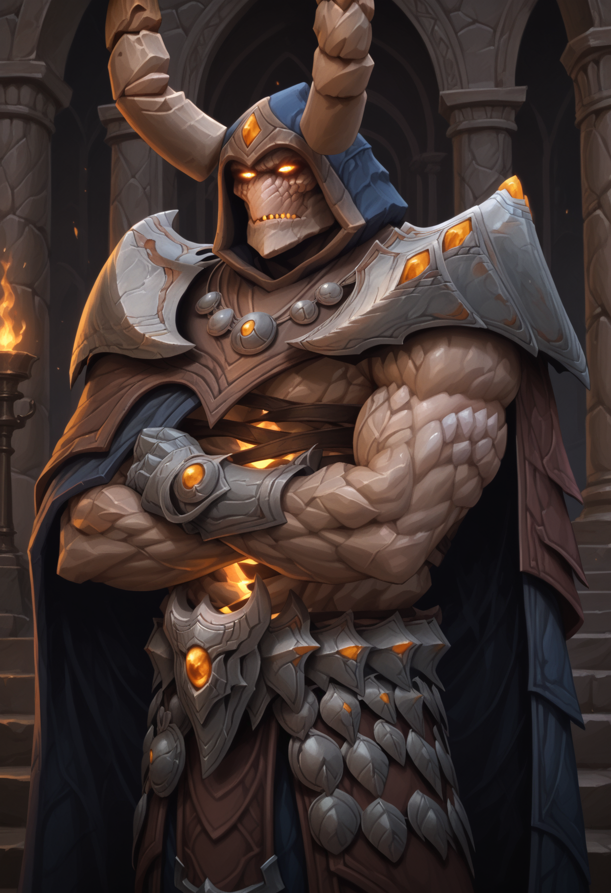 zPDXL3, score_9_up, score_8_up, score_7_up, (detailed face, detailed body, detailed background, perfect hands, perfect anatomy, masterpiece, high quality, best quality), digital media \(artwork\), three-quarter portrait, side view BREAK iridikron, monster, rock body, horns, hood, glowing eyes, muscular, broad shoulders, big pecs, armor, shoulder pads, looking at viewer, crossed arms <lora:detailed_notrigger:1> <lora:1dkXLP:0.3> <lora:Iridikron_WoW_V1:1>