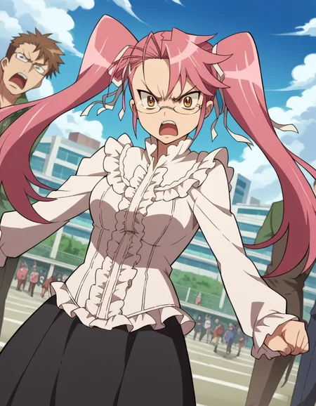 score_9, score_8_up, score_7_up, source_anime,
sayatakagi, <lora:saya-takagi-ponyxl-lora-nochekaiser:1>,
saya takagi, long hair, ribbon, twintails, brown eyes, hair ribbon, pink hair, glasses, angry, shouting,
shirt, dress, frills, long sleeves, skirt, black skirt, long skirt, centered frills,
outdoors, cityscape, zombies, crowd, people,
looking at viewer, cowboy shot, dutch angle,