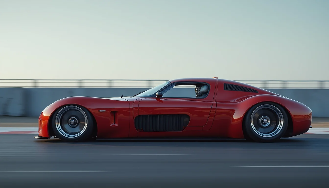 A side picture of a futuristic yfg-sde at a race track.
