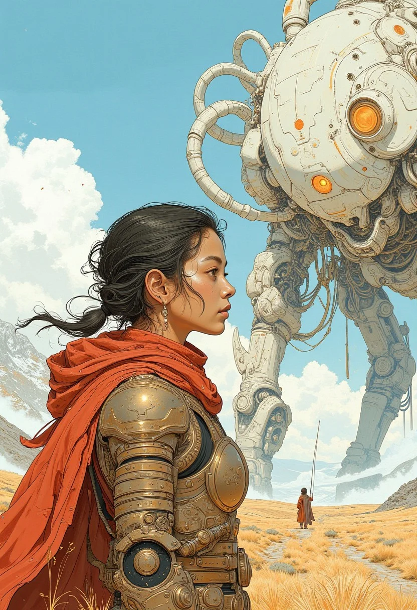 A young woman mercenary in armour and manly sunglasses stands next to a white mecha on the steppes plain, blue sky, red cloak, complimentary colours, painterly, illustration, hyp3rd3tail style