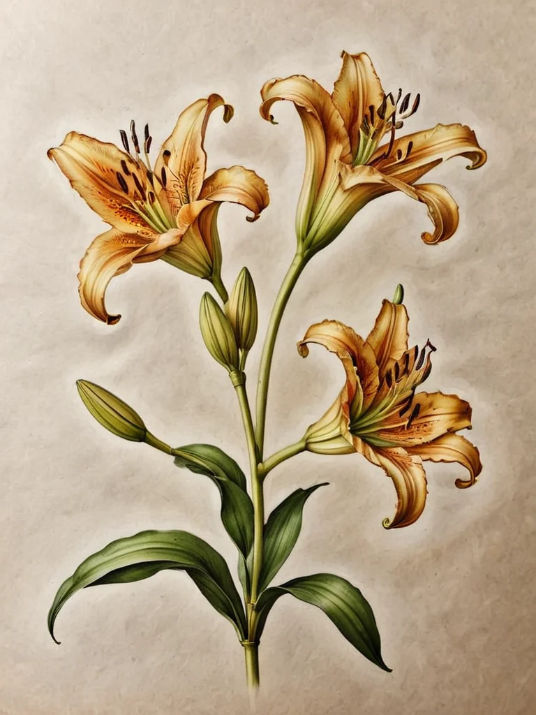 detailed, lily flower head by ingrid-elias, botanical art, on parchment<lora:ingrid_elias_style:0.8> <lora:ParchartXL_CODA:1>