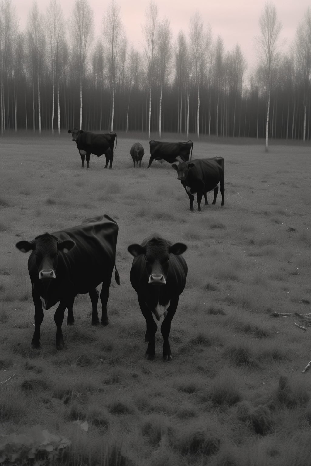 <lora:Director Andrei Zvyagintsev style:1>Director Andrei Zvyagintsev style - cinematic still, a group of cows, black and brown, in  style, in Ivan's childhood film style, black and white, low contrast, sunset, a field next to birch forest, wide shot, 35mm film, orwo film, 24mm lens, softlight, dark moody tone, overcast sky, old man in red shirt in foreground