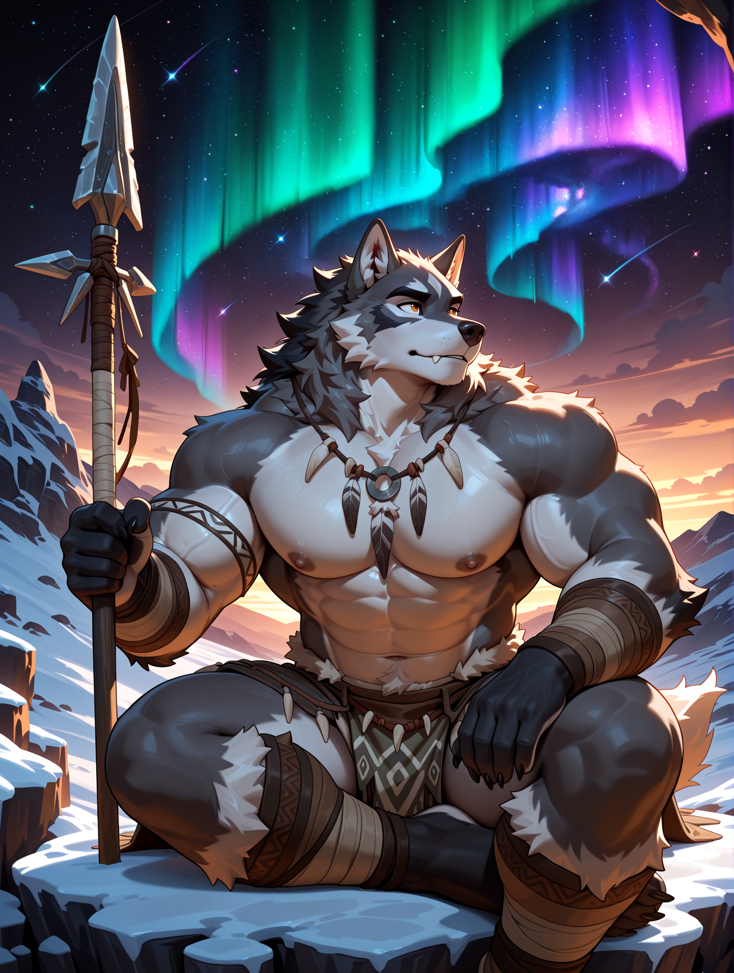 best quality,newest,masterpiece,absurdres,highres,safe,male furry,bara,Muscles,perfect anatomy,smooth,huge biceps,handsome,solo,safe,
rainbow gradient,starry night background,nebula,aurora,outdoors,dark background,Sitting person looks up,gray wolf,long straight 1 tribe spear,tribal style clothes,clear river,ice cave,sunset,tribal arm rings,5finger,claws,