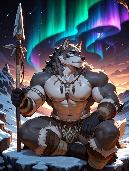 best quality,newest,masterpiece,absurdres,highres,safe,male furry,bara,Muscles,perfect anatomy,smooth,huge biceps,handsome,solo,safe,
rainbow gradient,starry night background,nebula,aurora,outdoors,dark background,Sitting person looks up,gray wolf,long straight 1 tribe spear,tribal style clothes,clear river,ice cave,sunset,tribal arm rings,5finger,claws,