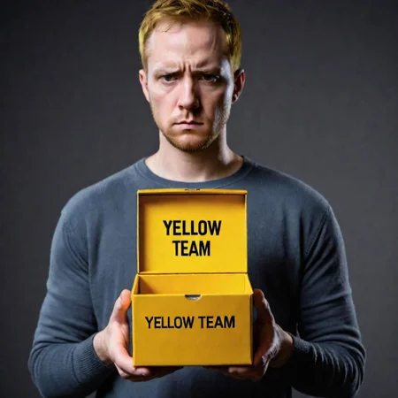 a sad man holding (a tiny box with the text "yellow team") looks incredibly sad and guilty, a single yellow-orange lightning bolt icon in the corner