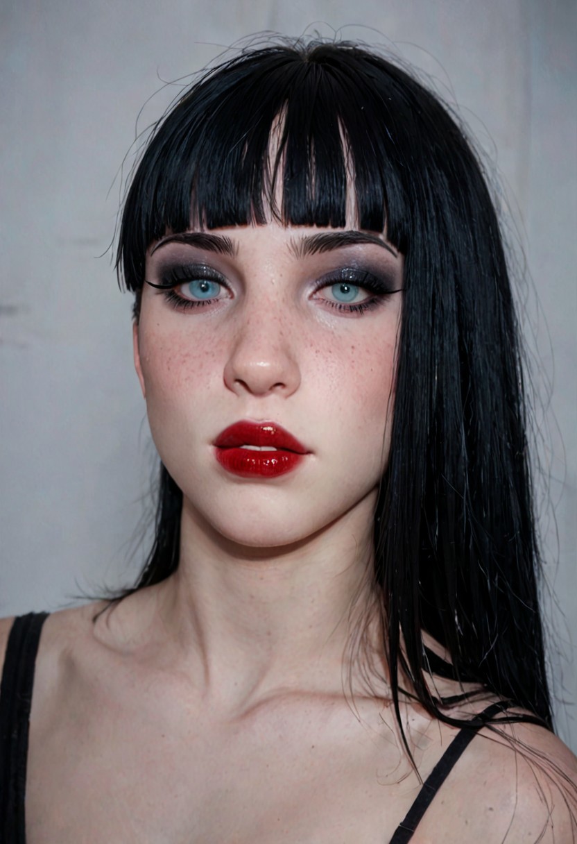 score_9, score_8_up, score_7_up, score_6_up, score_5_up, score_4_up, BREAK, RAW, horsefaced, teeth, medium_shot, 1girl, portrait of a beautiful goth, Horsefaced, black hair, black bangs, Blunt bangs paired with shoulder-length hair, pale skin, red lips, cute, eyeliner, makeup, seductive stare, tired eyes, upturned eyes, eyelashes, bangs covering forehead, long face, rectangle head, long nose, Goth Girl, looking at viewer, shelly duval, subtle smile, visible teeth, chubby cheeks, oval jawline, hair covering forehead, young woman