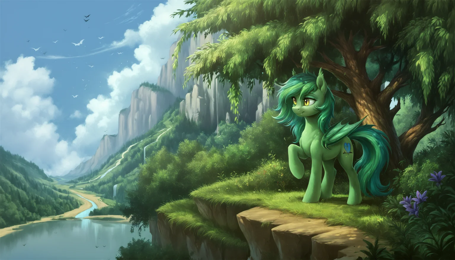 score_9, score_8_up, score_7_up, score_6_up, score_5_up, score_4_up, rating_safe, oc:echo, bat pony, pony, solo, oc, poison joke, scenery, oc only, detailed, detailed background, beautiful, <lora:Wholesome-MLP-v1.4b:1>