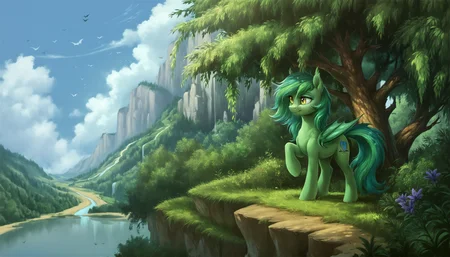 score_9, score_8_up, score_7_up, score_6_up, score_5_up, score_4_up, rating_safe, oc:echo, bat pony, pony, solo, oc, poison joke, scenery, oc only, detailed, detailed background, beautiful, <lora:Wholesome-MLP-v1.4b:1>