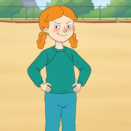 solo, 1girl, nnhh1, alone, smug, orange hair, twintails, blush, closed mouth, green shirt, blue pants, hands on hips, standing, school playground, official style, <lora:nnhh1:1>,