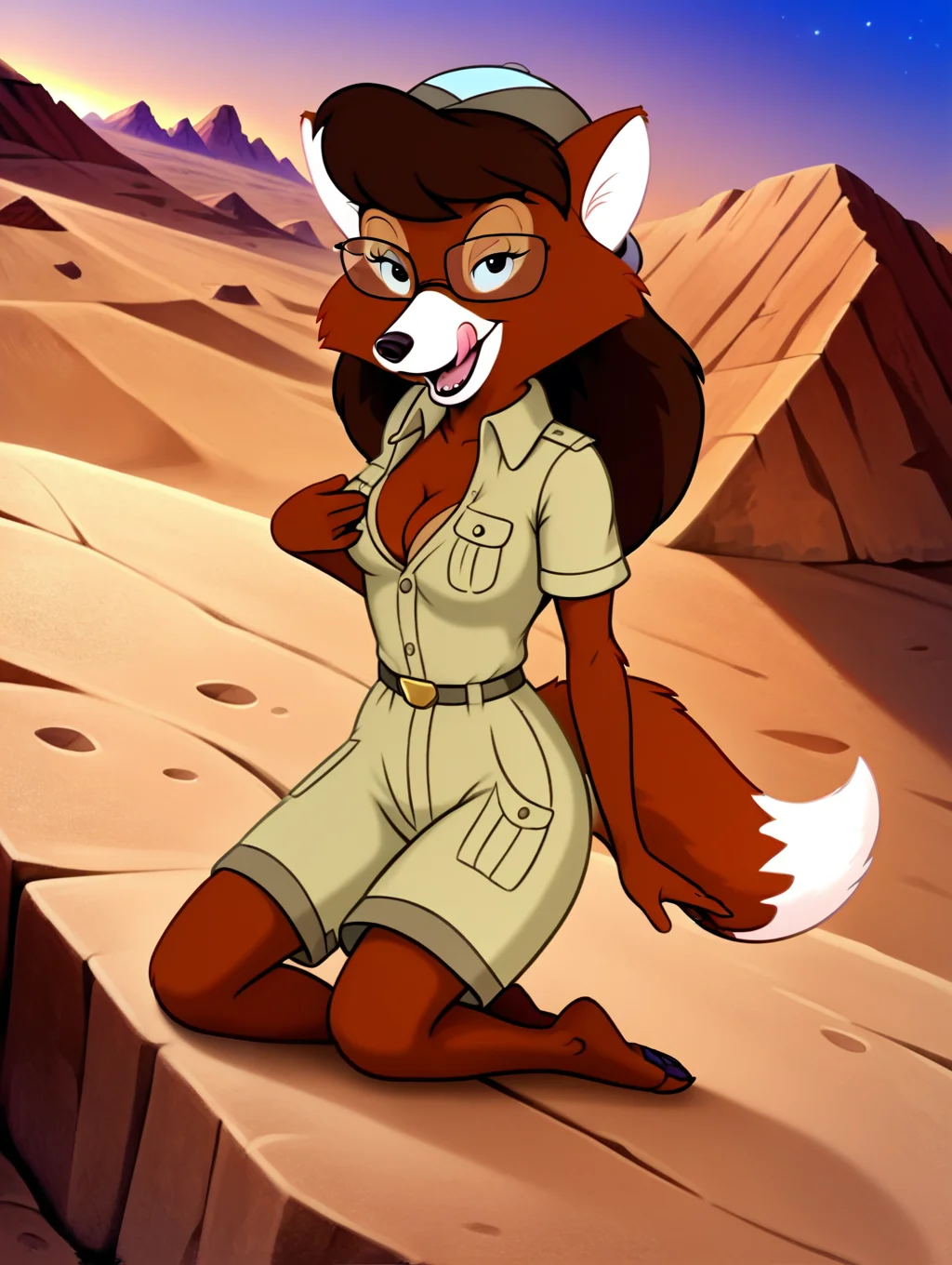 source_furry, 1girl, solo, furry, furry female, tail,ultra high quality,ultra high resolution,ultra photorealistic,full body, seductive, very realistic,(extremely detailed), detailed background,,(masterpiece, best quality, high quality, highres, ultra-detailed), <lora:Myra_Foxworthy_Talespin pony:0.88> cartoon, flat colors, brown fur, rectangular glasses, long hair, anthro, fox, brown eyes, small breasts, long eyelashes, an image of myra foxworthy, olive blouse,licking own lips,presenting breasts,leaning slighlty forward,cleavage,seductive eyes,half closed eyes,facing viewer,slightly open mouth,desert dunes,cartoon ,posing seductive,high detailed,k,ultra hd,intricate details,high detailed mouth,outside,