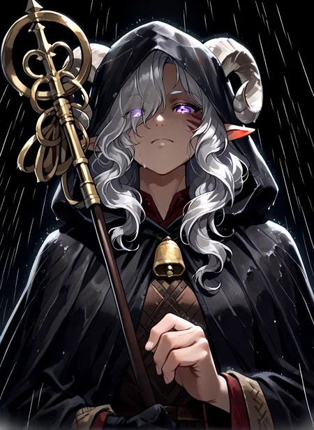 looking at viewer, glowing eyes,  <lora:Smooth_Lighting_Enhancer:1>  dark background, simple background,masterpiece, tiefling, tail, anime,  pointy ears, tiefling, silver hair, ivory sheep horn, 
 shakujou,  holding shakujou,  <lora:Khakkhara:1>  from below,    <lora:Travlers_Poncho:0.8> cloak , hood , hood up , hand on hood, shadow on face,  rain,  portrait  <lora:dark_v1.9-pony:1> dark theme, dim lighting, black theme, dark background, dark room, black background, silhouette, backlighting,, masterpiece, tiefling, tail, anime,  pointy ears, tiefling, silver hair, ivory sheep horn,
<lora:whisker_markings:0.8>red whisker_markings:1.7, silver long wavy hair, bell necklace, short pointy ears, purple eyes, tiefling_bard_diana:1.2,   hair over one eye, braid, <lora:Tiefling_bard_Diana_ILXL:1>  cloak, 
cow tail:1.4,