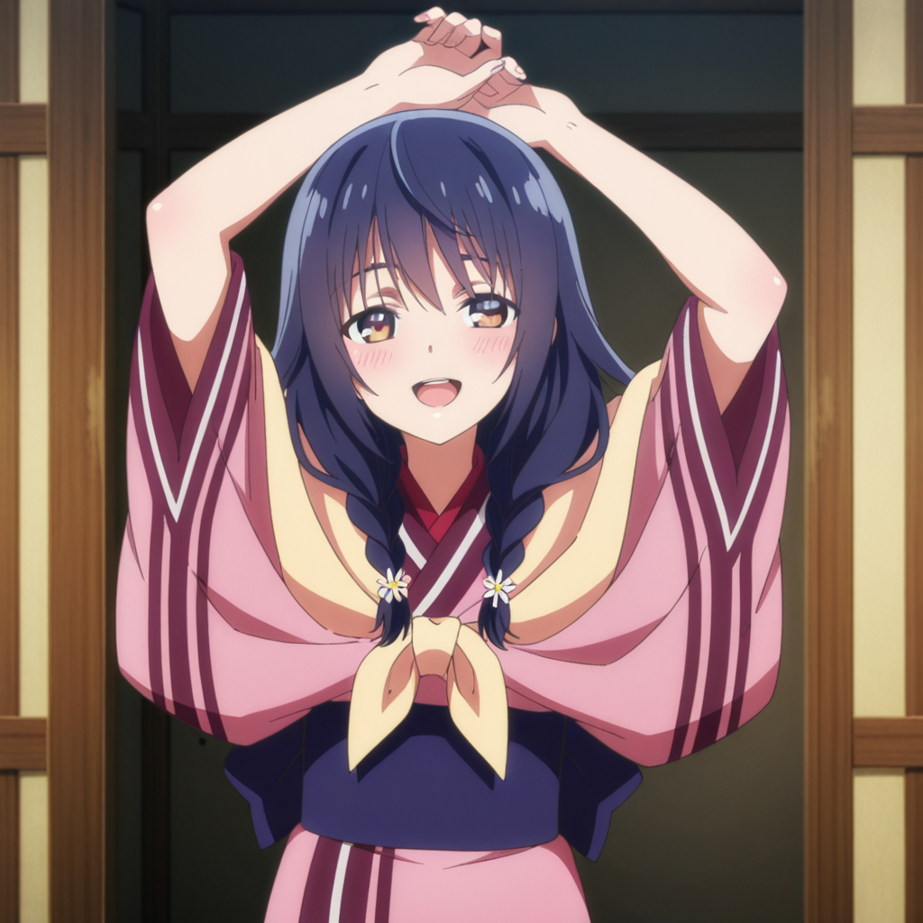 nsfw, masterpiece, best quality, 1girl, solo, seirei_gensouki_sayo, japanese clothes, kimono, smile, open mouth, long hair, braid, hair ornament, brown eyes, blush, blue hair, arms up, <lora:Sayo_-_Seirei_Gensouki:0.7>