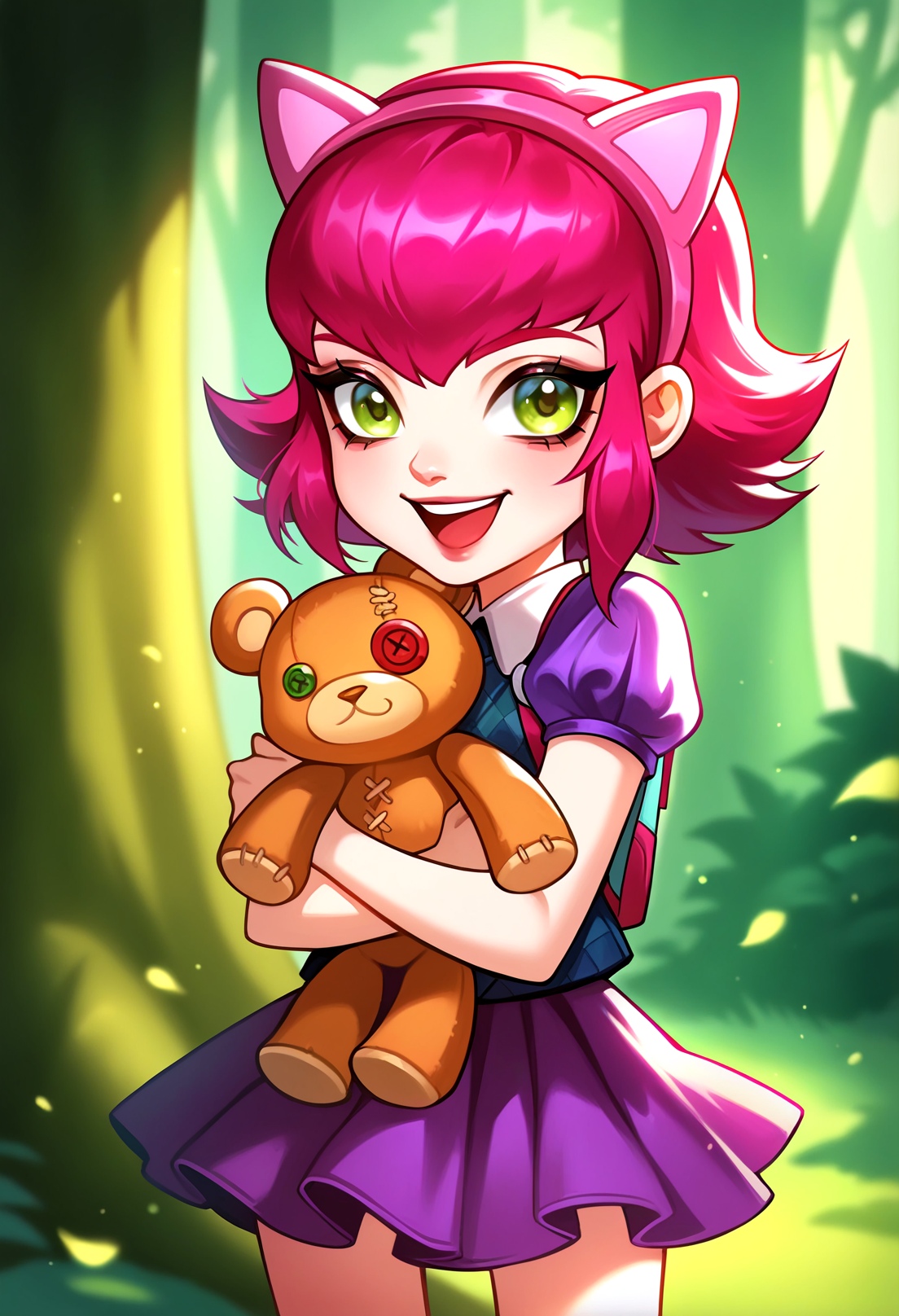 annie \(league of legends\), league of legends,  official art,  1girl, solo, looking at viewer, smile, short hair, open mouth, skirt, animal ears, green eyes, purple hair, short sleeves, pleated skirt, hairband,  puffy sleeves, cat ears, miniskirt, puffy short sleeves, fake animal ears, stuffed toy, stuffed animal, fire,  teddy bear, forest, holding teddy bear,