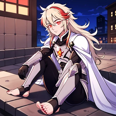 masterpiece, best quality, sharp aliasing, highly detailed, 1male, male body, male,EPfeCorrin, white cape with flames, armour, black gloves, black pants, wearing pants, outdoors, stone tiled ground, buildings, night, barefoot, toeless legwear, armoured legwear, shin armour, leg armour, leg and shin amour, stirrup legwear, black stirrups, 5 toes, Quality, High Definition, Full body view, solo, rengoku kyojuro, forked eyebrowns, long hair, two-tone hair, multicolored hair, red eyes, sword, red toenails, dirty feet, glowing eyes, sitting, side view, sitting on ledge