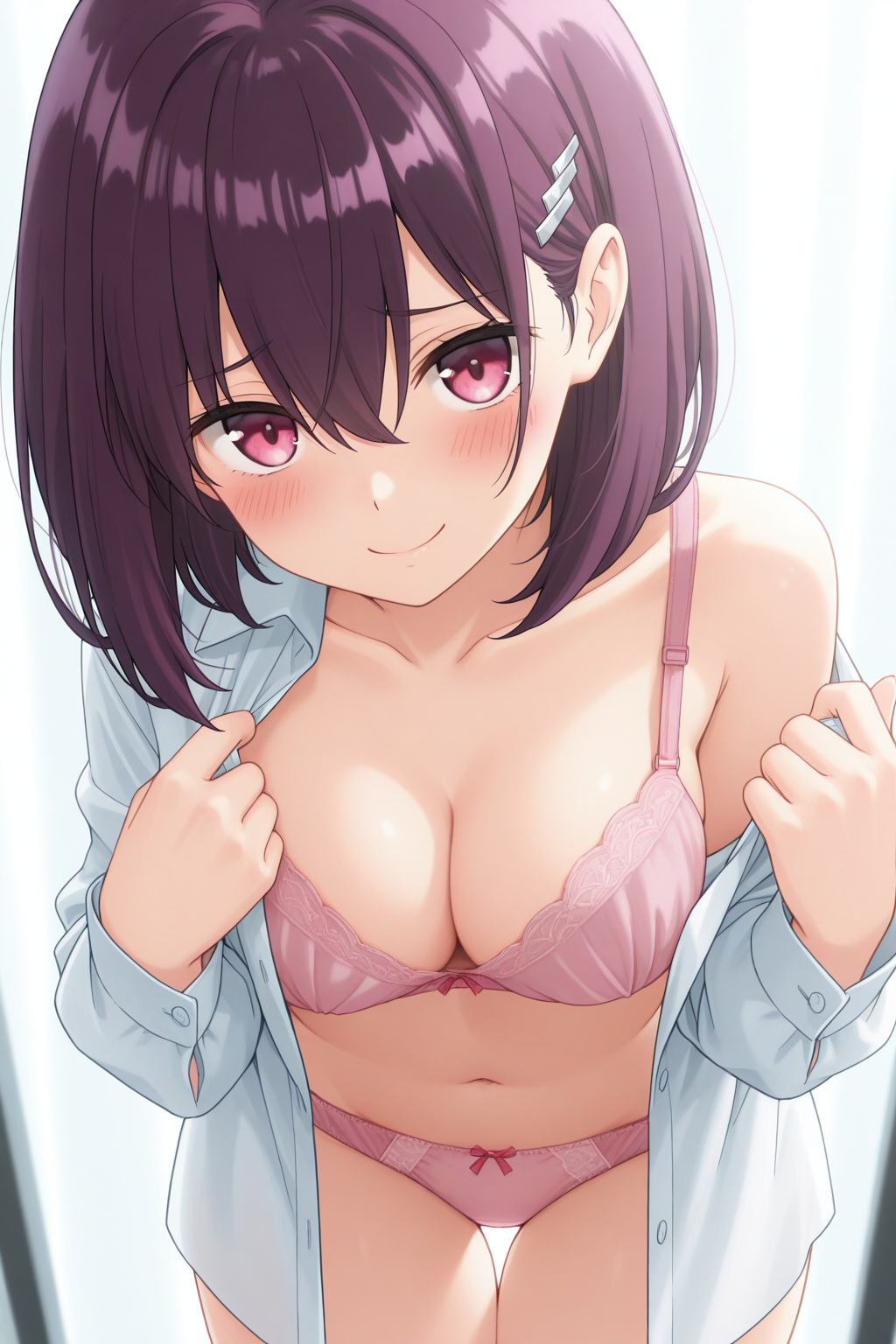 <lora:Suzu_Kanade:1>, SuzuDS, masterpiece, best quality, 1girl, blush, bow, bow panties, bra, breasts, cleavage, closed mouth, clothes grab, collarbone, cowboy shot, furrowed brow, hair behind ear, hair between eyes, hair ornament, hands up, leaning forward, long sleeves, looking at viewer, medium breasts, medium hair, navel, off shoulder, open clothes, open shirt, panties, pink bra, pink eyes, pink panties, pulling own clothes, purple hair, shirt, single bare shoulder, smile, solo, standing, thigh gap, underwear, white shirt