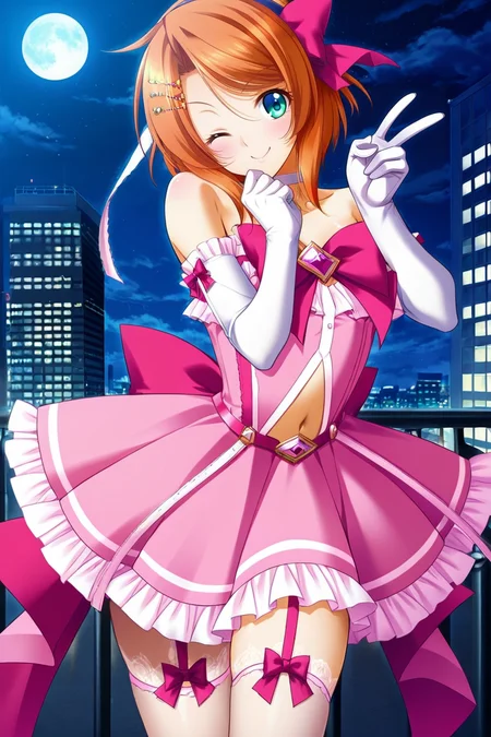 (masterpiece, best quality, game cg,highly_detailed,extremely_detailed_CG_unity_8k_wallpaper,illustration,highres,absurdres:1.2), <lora:Asahi_Nishizaki-IL:1>Asahi,orange hair,side bangs,short hair,teal eyes,headband,hair ornament,hair bow,choker,magical girl,strapless dress,pink bow,cleavage,frills,elbow gloves,belt,navel cutout,belt,garter straps,tights,depth_of_field,outside,dynamic pose,looking at viewer,head tilt,v sign,wink,smile,ouside,city,moon,night,ambient lightning
