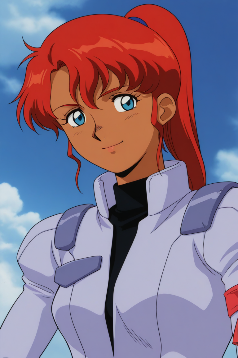 masterpiece, best quality, source_anime,official art,perfect_anatomy,1990s_\(style\),retro_artstyle,kate bush,1girl,blue eyes,ponytail,red hair,long hair,dark-skinned female,dark skin,pilot suit,(beautiful detailed face,looking_at_viewer,smile),upper body,day,blue_sky,cloud