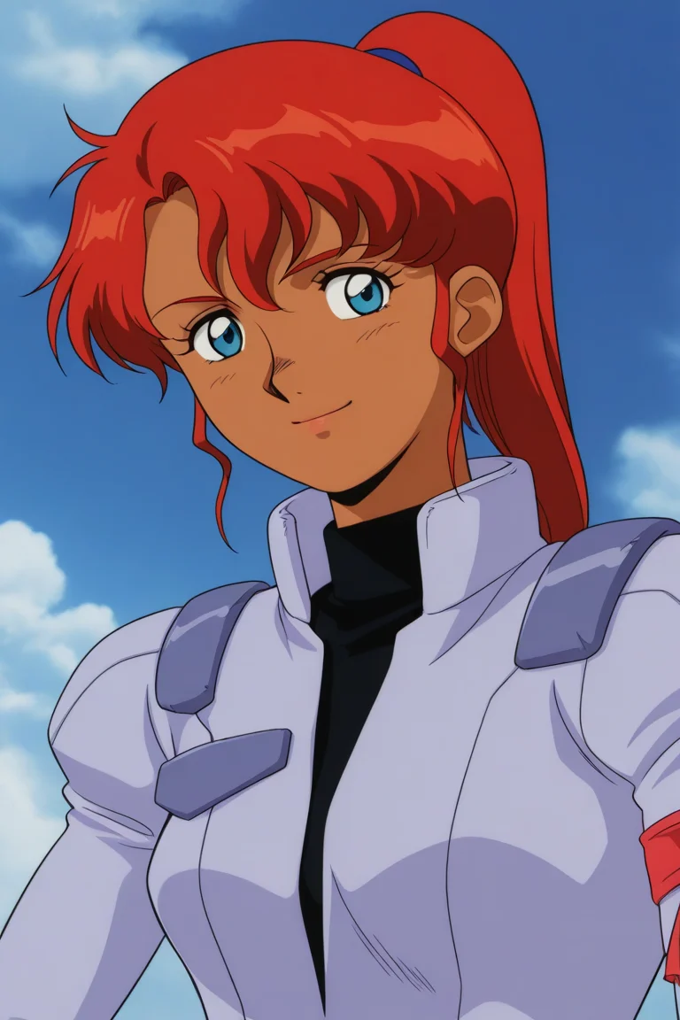 masterpiece, best quality, source_anime,official art,perfect_anatomy,1990s_\(style\),retro_artstyle,kate bush,1girl,blue eyes,ponytail,red hair,long hair,dark-skinned female,dark skin,pilot suit,(beautiful detailed face,looking_at_viewer,smile),upper body,day,blue_sky,cloud