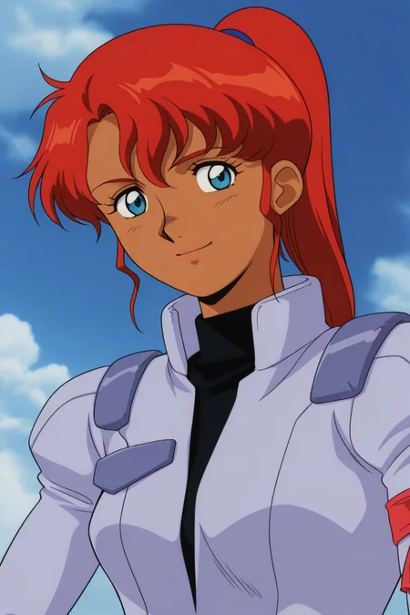 masterpiece, best quality, source_anime,official art,perfect_anatomy,1990s_\(style\),retro_artstyle,kate bush,1girl,blue eyes,ponytail,red hair,long hair,dark-skinned female,dark skin,pilot suit,(beautiful detailed face,looking_at_viewer,smile),upper body,day,blue_sky,cloud