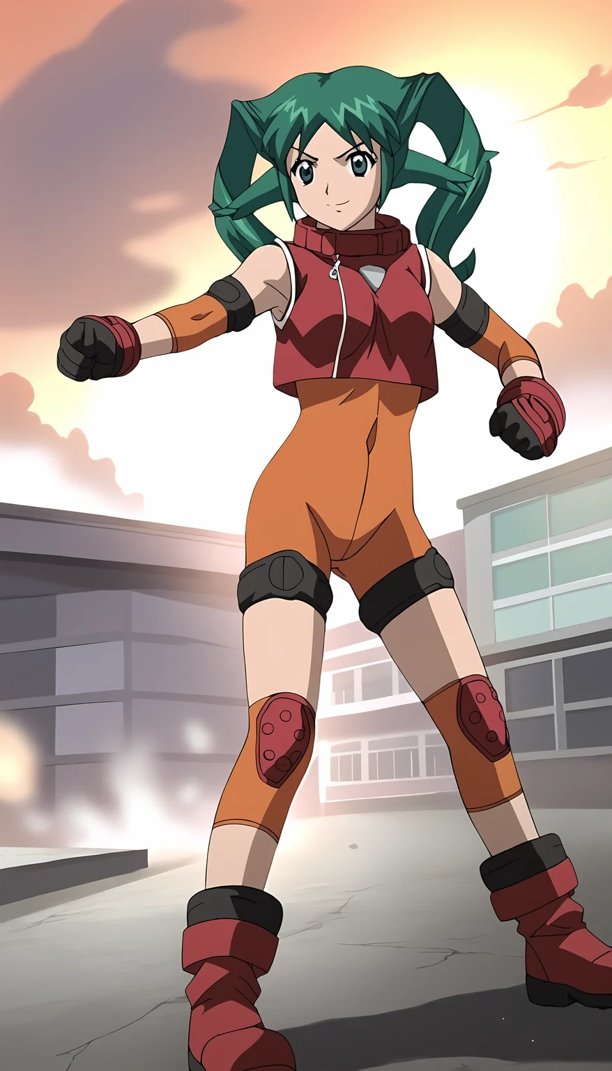 score_9, source_anime BREAK, oldest, anime screencap, outdoors, destroyed, destroyed city, fire, bad end, ((earthquake)), day, sunlight, <lora:SoltyRevant(pony)-06:1.2> SoltyRevant, 1girl, solo, smile, looking at viewer, fighting stance, frown,
short hair, twintails, green hair, bodysuit, orange bodysuit, elbow pads, (orange knee pads), gloves, black and red boots, shirt, red shirt, sleeveless shirt, sleeveless, collared shirt, right side zipper, triangle print, white triangle print, (red knee_patches), rumble_hands, bare legs,