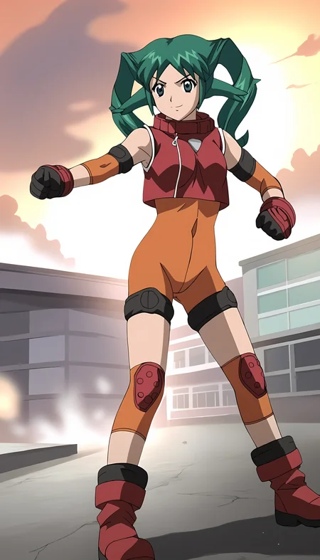 score_9, source_anime BREAK, oldest, anime screencap, outdoors, destroyed, destroyed city, fire, bad end, ((earthquake)),  day, sunlight,  <lora:SoltyRevant(pony)-06:1.2> SoltyRevant,  1girl, solo, smile, looking at viewer,  fighting stance, frown, 
 short hair,  twintails,  green hair,  bodysuit,  orange bodysuit,  elbow pads,  (orange knee pads),  gloves,  black and red boots,  shirt, red shirt, sleeveless shirt, sleeveless, collared shirt, right side zipper, triangle print,  white triangle print,  (red knee_patches), rumble_hands, bare legs,