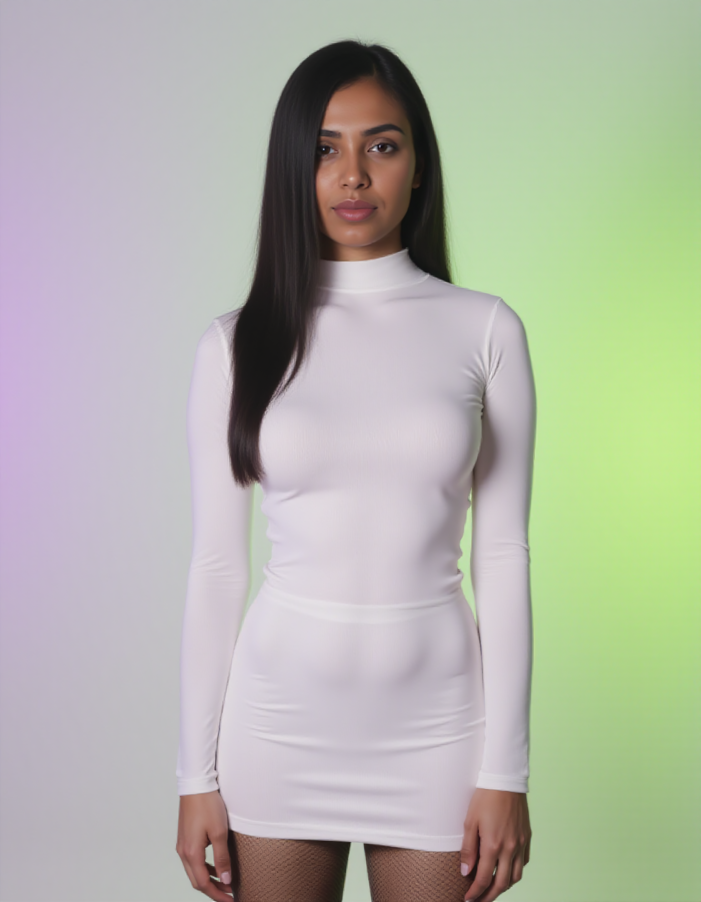 realistic photo of de51 medium woman, thin waist with hourglass figure, hyper realistic candid photo, serious,studio quality, wearing intricate conservative white turtleneck and a White short skirt, disney knees position, fishnet stockings,  straight hair, pastel shaded multicolored background, cinematic lighting,  <lora:Desi_Coffee_Flux_Kohya_LoRA_v3:0.8>âââ