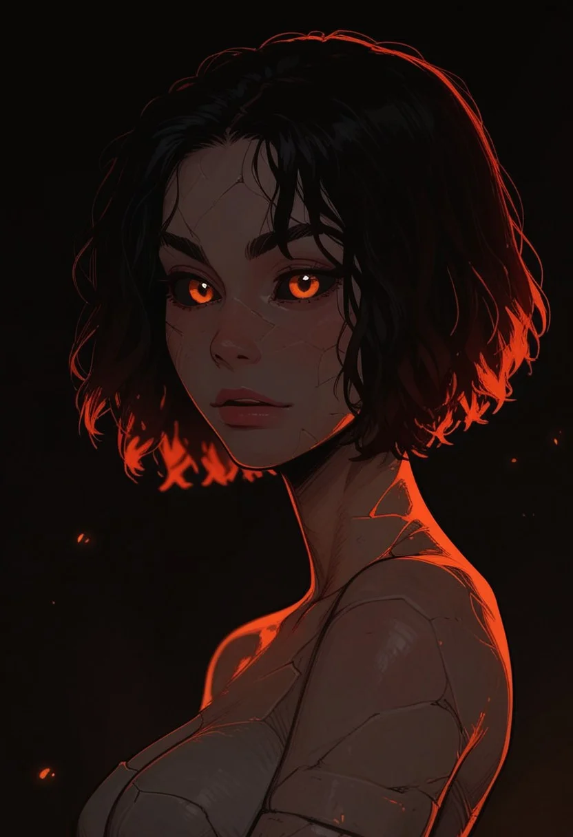 (score_9, score_8_up, score_7_up). (line work, excellent drawing, highest quality, extremely detailed:1.2). solo, 1girl, ((((stone girl, stone skin, stone body)))), earth elemental, glowing skin, cracked skin, black sclera, glowing orange eyes, stone hair, black hair, g0thicPXL, romantic, source_cartoon, depth of field, dark background, dark background, medium distance, semirealistic, pinup pose