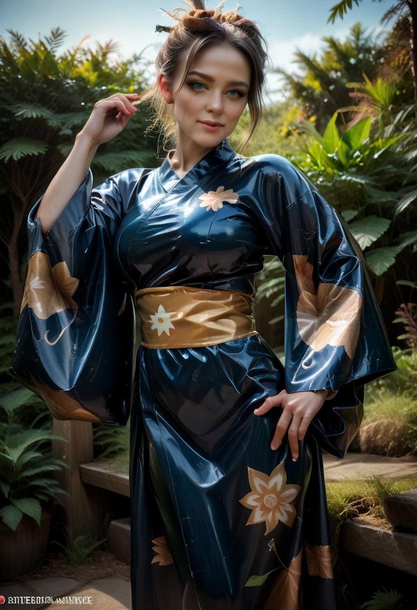 score_9, score_8_up, score_7_up, rating_safe, concept art, semi-realistic, 1girl, solo.
Young beautiful face, fit body, Blue eyes.
(Big breast:1.2), (Round breast:1.2).
Latex Kimono, Wide sleeves, Obi.
((Print on sleeves)), Sun print.