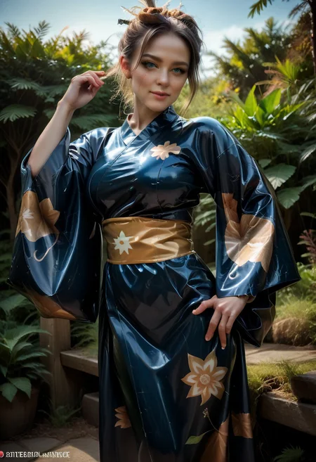 score_9, score_8_up, score_7_up, rating_safe, concept art, semi-realistic, 1girl, solo.
Young beautiful face, fit body, Blue eyes.
(Big breast:1.2), (Round breast:1.2).
Latex Kimono, Wide sleeves, Obi.
((Print on sleeves)), Sun print.