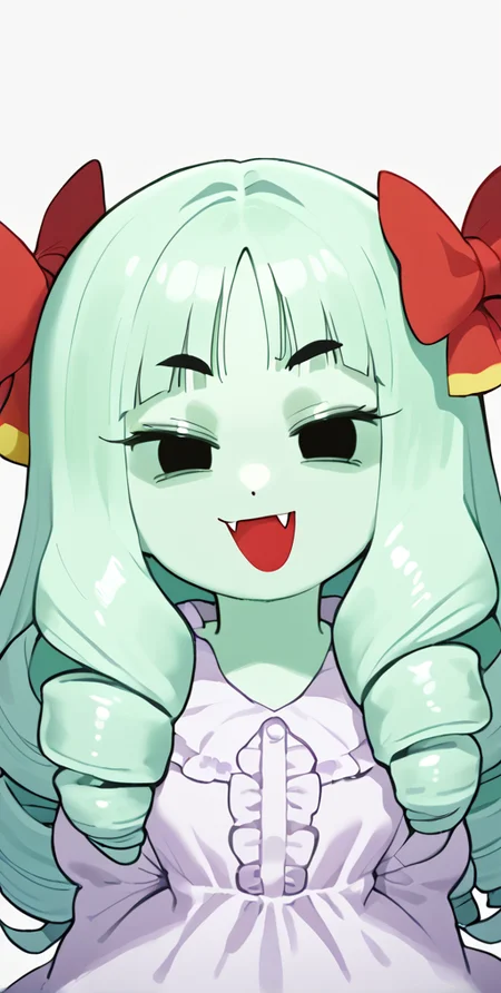 <lora:Inkerkton-PonyXL-1024px-v1.0:0.9> score_5_up,score_6_up,1girl,  looking at viewer, source_anime, solo, thick eyebrows, drill hair, anime coloring, Lady Bow, Boo, Ghost, ghostly skin, long hair, bangs, blunt bangs, laughing at viewer, black eyes, solid eyes, parted hair, frilly dress, personification, fang, smug, open mouth, <lora:Lady_Bow_Paper_Mario:1> <lora:naip33:1>