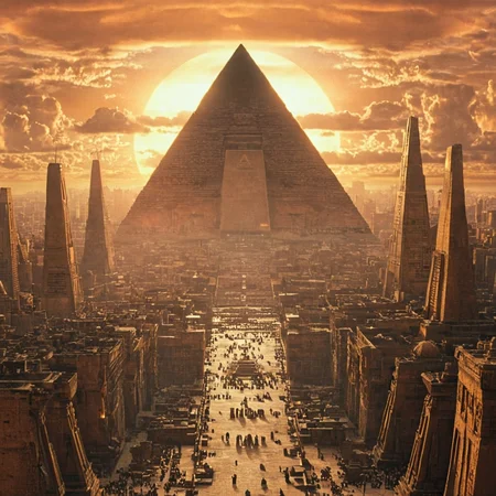 <lora:Year_3000_Movie_StillsSDXL:1> ArsMovieStill, A movie still from the year 3000s, The image is a digital illustration of a futuristic cityscape with a large pyramid in the center. The pyramid is the Great Pyramid of Giza located in Egypt. It is a tall triangular structure with a pointed top and a pointed bottom. The sky is filled with orange and yellow hues indicating that it is either sunrise or sunset. The city is densely populated with buildings and skyscrapers and there are several other tall structures scattered throughout the city. The buildings are lit up with bright lights creating a dramatic and eerie atmosphere. The overall mood of the image is one of awe and wonder at the grandeur of the pyramid., scenery, no humans, cloud, sky, building, cityscape, city, outdoors, cloudy sky, sunset