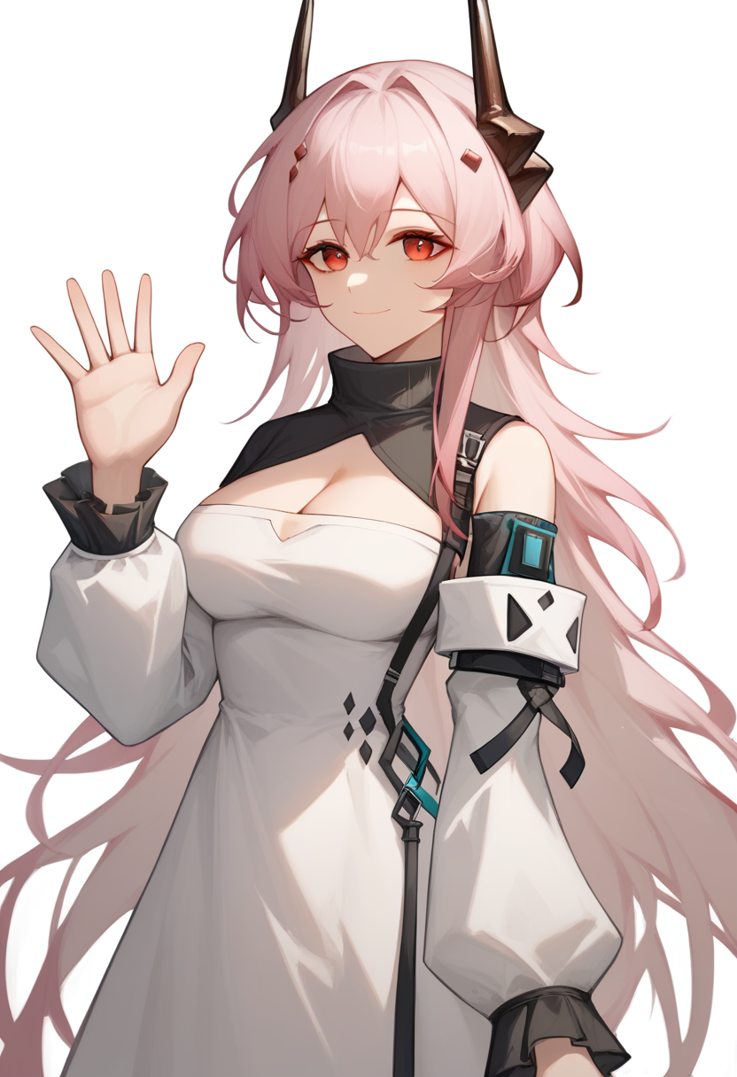 score_9,score_8_up,score_7_up,<lora:theresa_(arknights)_pony:1>,1girl,absurdres,breasts,cleavage,cleavage_cutout,closed_mouth,clothing_cutout,cropped_legs,dated,dress,highres,horns,long_hair,long_sleeves,looking_at_viewer,pink_hair,red_eyes,signature,simple_background,smile,solo,theresa_\(arknights\),upper_body,waving,white_background,white_dress,