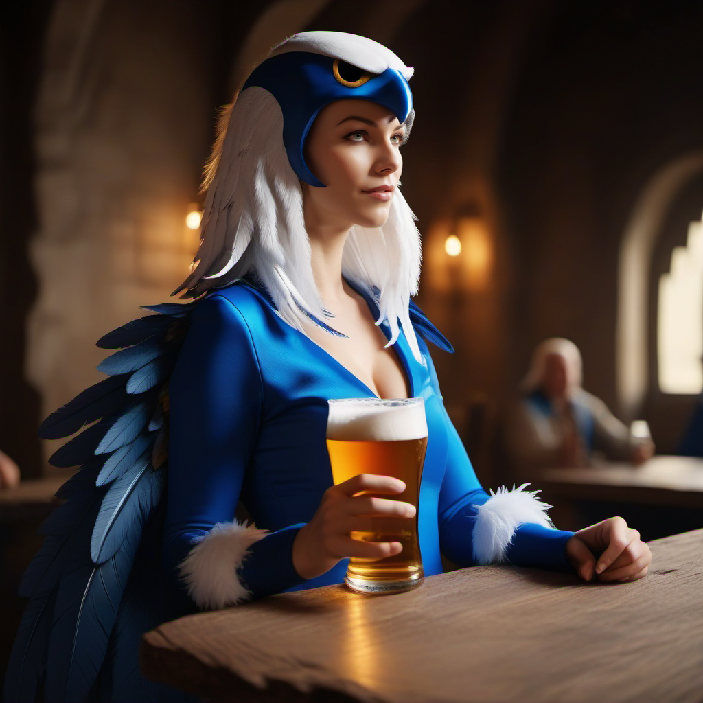 cinematic photo a woman, portrait, white hairs, white and blue suit, boots, feathers, wings, breast, having a beer in a medieval tavern  <lora:Sorceress1024:0.8> . 35mm photograph, film, bokeh, professional, 4k, highly detailed