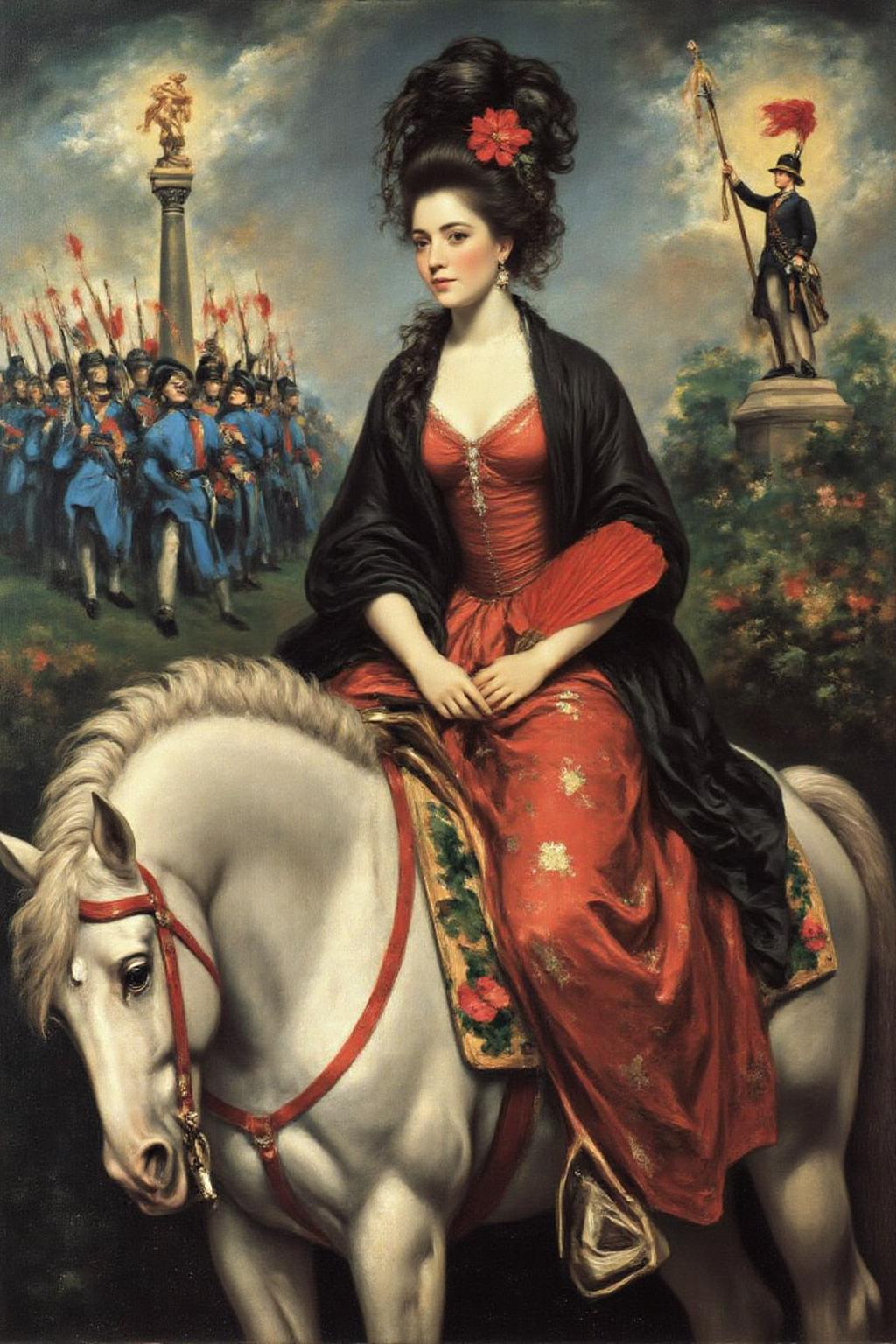 jore1 painting. 
marcha9 
A surreal and dreamlike painting in the style of Marc Chagall, featuring a woman elegantly seated on a white horse adorned with floral decorations. The woman wears a vibrant red dress with intricate patterns, a black shawl draped over her shoulders, and holds a red fan in one hand. Her hair is dark and styled with a red flower. The background is filled with soft, ethereal tones, including a faint crowd scene of soldiers or performers in blue and green, and a figure climbing a pole or monument. The composition blends romantic, whimsical, and surreal elements, with rich textures and fluid lines, creating a poetic and imaginative atmosphere. 
 <lora:jore1_cap_d6a3e12:1.0><lora:818413435944453631:0>