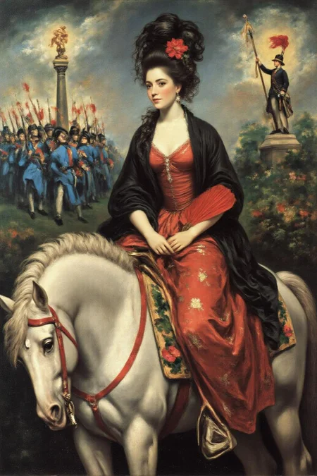 jore1 painting.
marcha9
A surreal and dreamlike painting in the style of Marc Chagall, featuring a woman elegantly seated on a white horse adorned with floral decorations. The woman wears a vibrant red dress with intricate patterns, a black shawl draped over her shoulders, and holds a red fan in one hand. Her hair is dark and styled with a red flower. The background is filled with soft, ethereal tones, including a faint crowd scene of soldiers or performers in blue and green, and a figure climbing a pole or monument. The composition blends romantic, whimsical, and surreal elements, with rich textures and fluid lines, creating a poetic and imaginative atmosphere.
<lora:jore1_cap_d6a3e12:1.0><lora:818413435944453631:0>