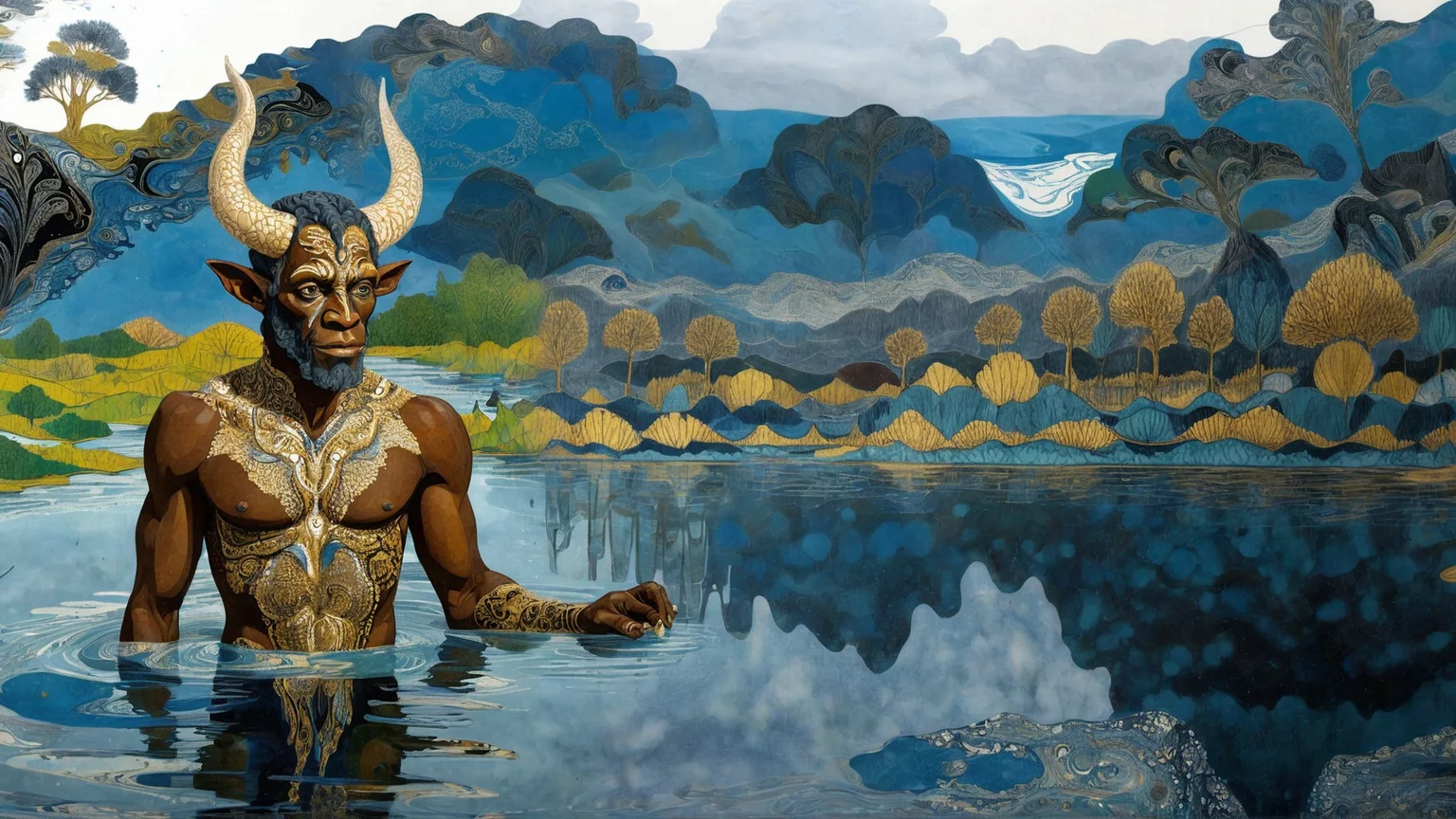 (xlomrblng:1.2) fantasy Cubism black-tinted drawing, a coloured line drawing of a mature gold-toned Ghanaian satyr swimming in a lake in a deep misty valley, white filigree inlay, intricate, crisp lines, skin imperfections <lora:xlomrblng-4000:1>
