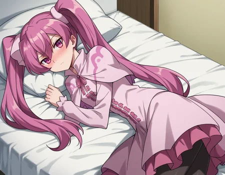 score_9, score_8_up, score_7_up, source_anime,
agkmine, <lora:agk-mine-s1-ponyxl-lora-nochekaiser:1>,
mine, long hair, twintails, pink hair, pink eyes,
dress, pantyhose, pink dress, capelet, pink capelet, pink skirt, skirt, long sleeves,
indoors, bed, bed room, on side, blush, drunk,
cowboy shot, solo, dutch angle, looking at viewer,