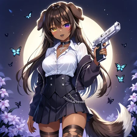 これがe4Pだとmasterpiece, best quality, score_9, score_8_up, score_7_up, score_6_up, score_5_up, score_4_up, source_anime,指定してネガティブは,Inumimi ,(Dark brown hair and fur),Dark skin,female,Whisker markings, white muzzle,(((droopy dog ears))),medium breasts, (Fluffy:1.2),paws,pawpads, dog tail,beautiful face, (extremely detailed eyes), ((purple_eye yellow_eye heterochromia:1.4)), sharp_fangs,fluffy, body fur, tuft,detailed fur, goth, skirt, chain, torn tights, goth boots, band shirt, choker, black lipstick, black eyeshadow, punk aesthetic,ho1ding-weap0n,holding pistol,akimbo, dual wield, black pistol, white pistol, solemn background, (white and black butterflies),