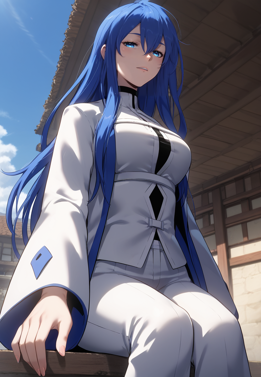 zPDXL3, score_9_up, score_8_up, score_7_up, (Anime_source),Masterpiece,(perfect female body:1.2), small waist, (incredibly detailed:1.4), slim, beautiful fingers, beautiful white skin, Beautiful clear skin, (large breasts:1.4)  thighs, looking at viewer, big breasts,  <lora:Pridya_-_The_Priest_of_Corruption-Kaleid_PONY:0.9> pridya, 1girl, blue eyes, blue hair, long hair, hair between eyes, coat, sitting, from below, looking down, pants, from behind, ass focus,