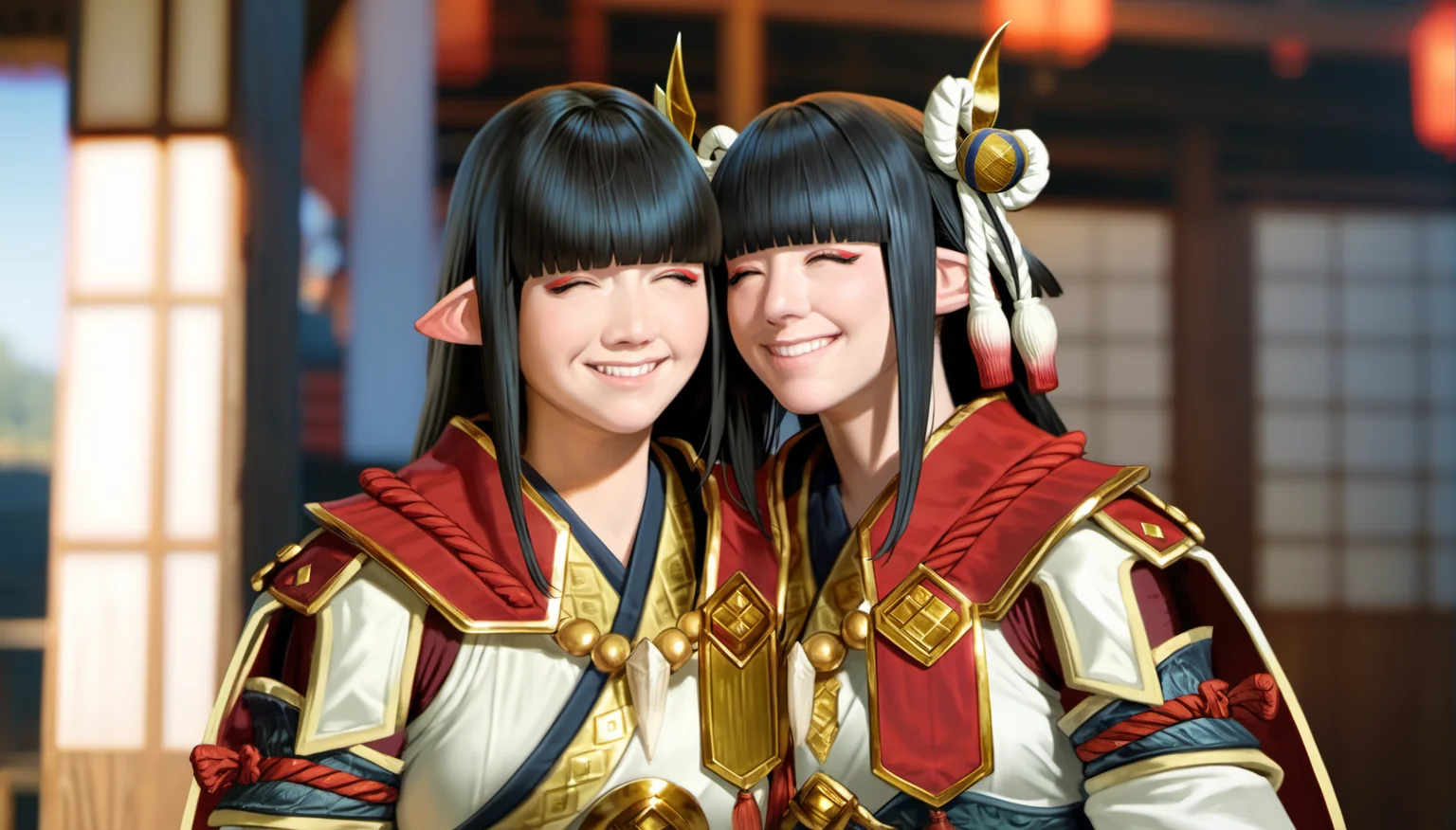 score_9,score_8_up,score_7_up,
<lora:hinoa:0.9>,
mhhinoa,
photorealistic,
1girl, solo, black hair, long hair, blunt bangs, hair ornament, closed eyes, smile, pointy ears, red and white short cape, shoulder necklace, white japanese robe top, deep red undershirt, detached sleeves, portrait, blurry background, indoors, wooden indoors, lens flare, the blurry outer scene is visible through the door
