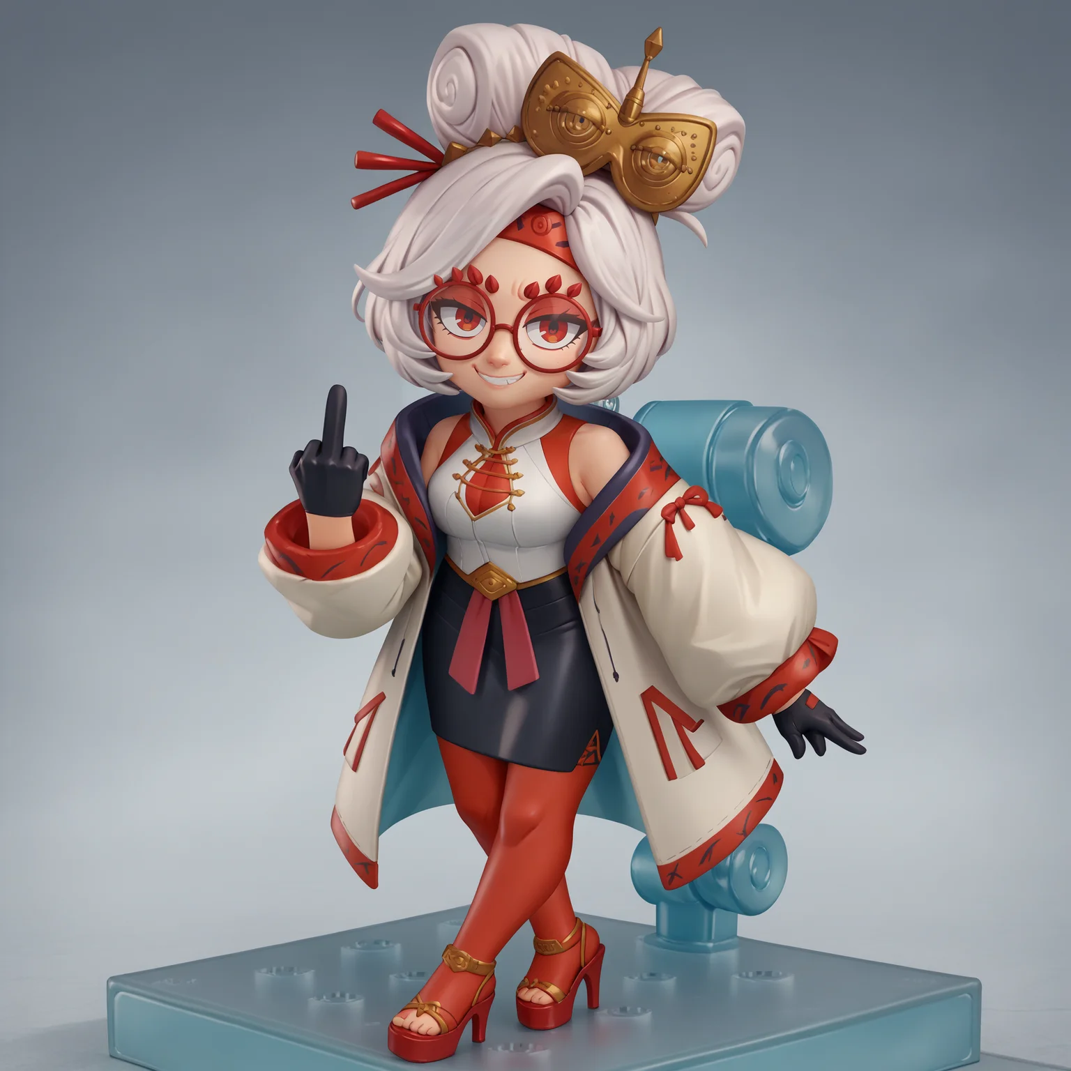 score_9, score_8_up, score_7_up, faux figurine, nendoroid, full body, figure, platform, solo, <lora:Nendoroid_pdxl_Incrs_v1:1>, <lora:purah-pdxl-nvwls-v1:0.8> purah, hair ornament, red headband, red glasses, sleeveless shirt, white coat, black skirt, red leggings, gloves, high heels, leaning forward, smirk, middle finger,