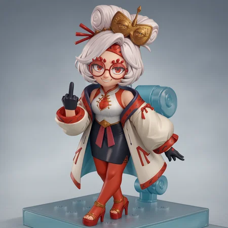 score_9, score_8_up, score_7_up, faux figurine, nendoroid, full body, figure, platform, solo, <lora:Nendoroid_pdxl_Incrs_v1:1>, <lora:purah-pdxl-nvwls-v1:0.8> purah, hair ornament, red headband, red glasses, sleeveless shirt, white coat, black skirt, red leggings, gloves, high heels, leaning forward, smirk, middle finger,