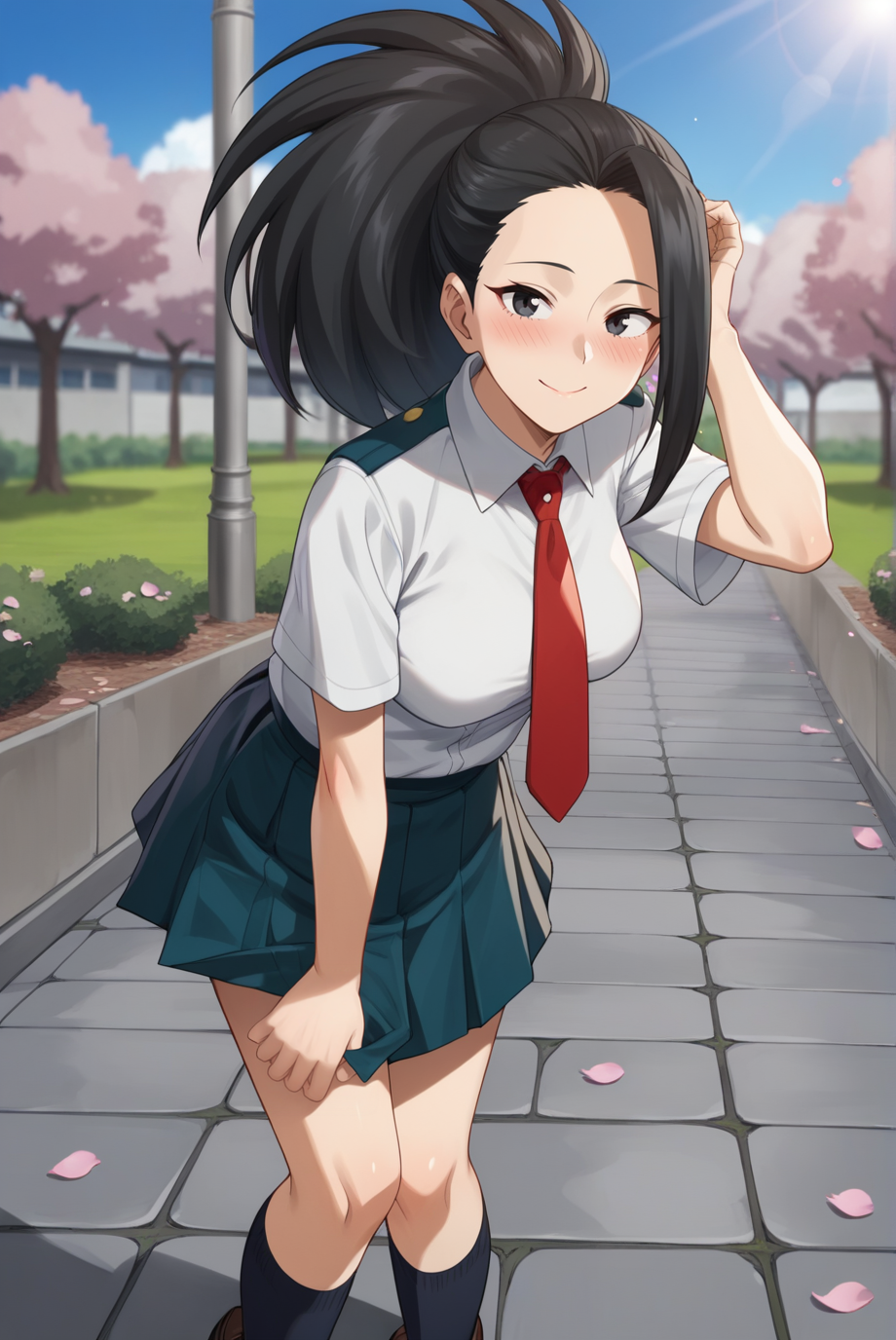 score_9, score_8_up, score_7_up, score_6_up, score_5_up, score_4_up, BREAK source_anime, 1girl,
<lora:MomoYaoyorozuXL-v1-07:0.7>, ChopioYaoyorozu, long hair, black hair, wide ponytail, asymmetrical bangs, black eyes, looking at viewer,
[medium breasts : large breasts: 10], breasts apart, (wide hips:0.7),
outfit_4, collared shirt, short sleeves, red necktie, shirt tucked in, blue skirt, pleated skirt, black kneesocks, loafers, brown footwear,
school, outdoors, stone path, blue sky, sunny, light rays, cherry blossoms, falling petals,
standing, smile, closed mouth, blush, leaning forward, from side, adjusting hair, ear,