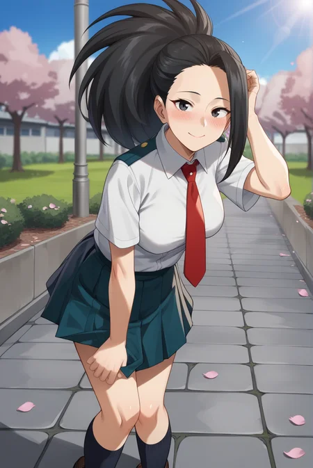 score_9, score_8_up, score_7_up, score_6_up, score_5_up, score_4_up, BREAK source_anime, 1girl,
<lora:MomoYaoyorozuXL-v1-07:0.7>, ChopioYaoyorozu, long hair, black hair, wide ponytail, asymmetrical bangs, black eyes, looking at viewer,
[medium breasts : large breasts: 10], breasts apart, (wide hips:0.7),
outfit_4, collared shirt, short sleeves, red necktie, shirt tucked in, blue skirt, pleated skirt, black kneesocks, loafers, brown footwear,
school, outdoors, stone path, blue sky, sunny, light rays, cherry blossoms, falling petals,
standing, smile, closed mouth, blush, leaning forward, from side, adjusting hair, ear,