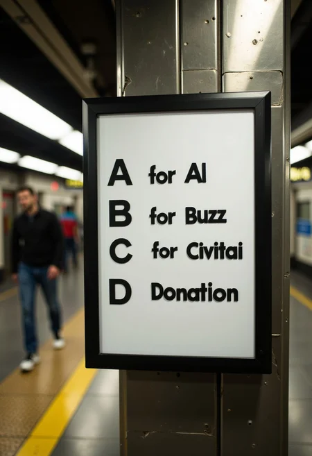 in a busy subway station, a notice board with text: "A for AI, B for Buzz, C for Civitai, D for Donation.".
aidmaTextImprover