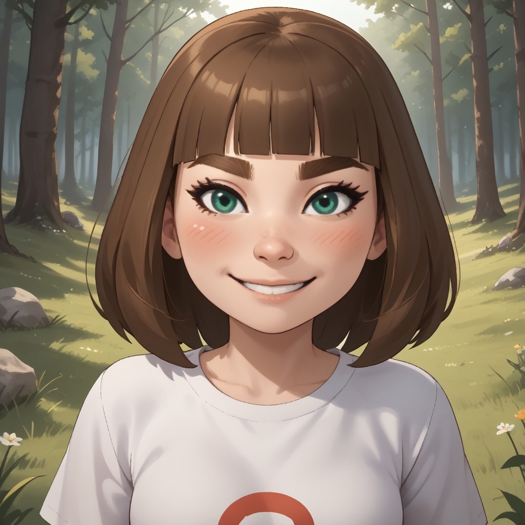 score_9, score_8, BREAK, solo, mii, wii u, wii sports club, 1girl, female mii, cute, green-ish brown hair, brown eyebrows, white skin, green eyes, small nose, blush, smile, long hair, fringe, white clothing, white pants, sneakers, small breasts, Millie_(\Wii_Sports_Club\), Nintendo Mii, modern_mii, classic_mii, sexy pose, self portrait, smile, outdoors, sunlight, shadows, evening lighting, natural lighting, forest, trees, grass, orange sky, sunset
