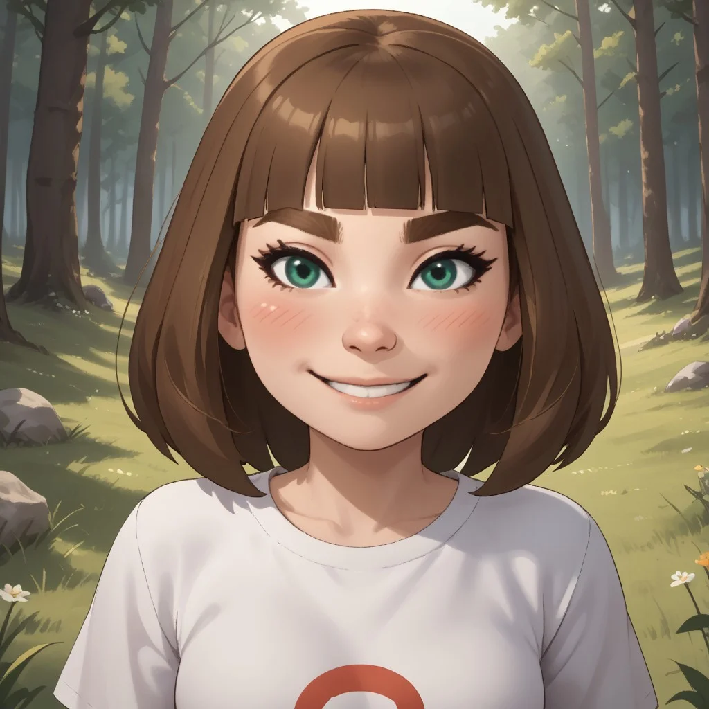 score_9, score_8, BREAK, solo, mii, wii u, wii sports club, 1girl, female mii, cute, green-ish brown hair, brown eyebrows, white skin, green eyes, small nose, blush, smile, long hair, fringe, white clothing, white pants, sneakers, small breasts, Millie_(\Wii_Sports_Club\), Nintendo Mii, modern_mii, classic_mii, sexy pose, self portrait, smile, outdoors, sunlight, shadows, evening lighting, natural lighting, forest, trees, grass, orange sky, sunset
